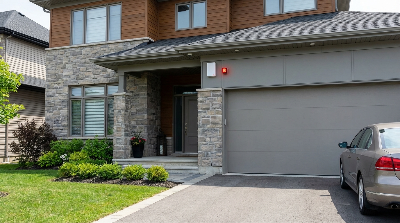 Australian suburban home with activated alarm system showing siren and flashing light