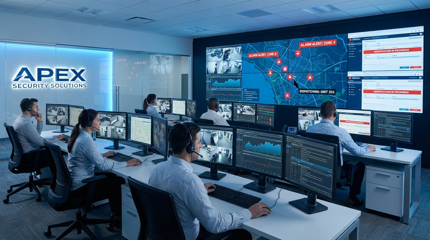 Monitoring center with operators handling emergency alarm verification and dispatch