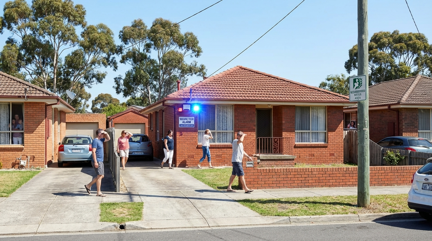 Residential street scene showing neighbors investigating activated alarm system